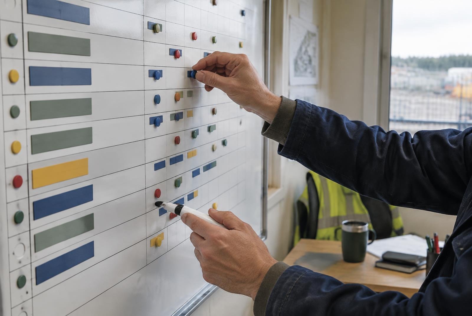 Hands updating a magnetic job schedule on a whiteboard inside a construction site office.