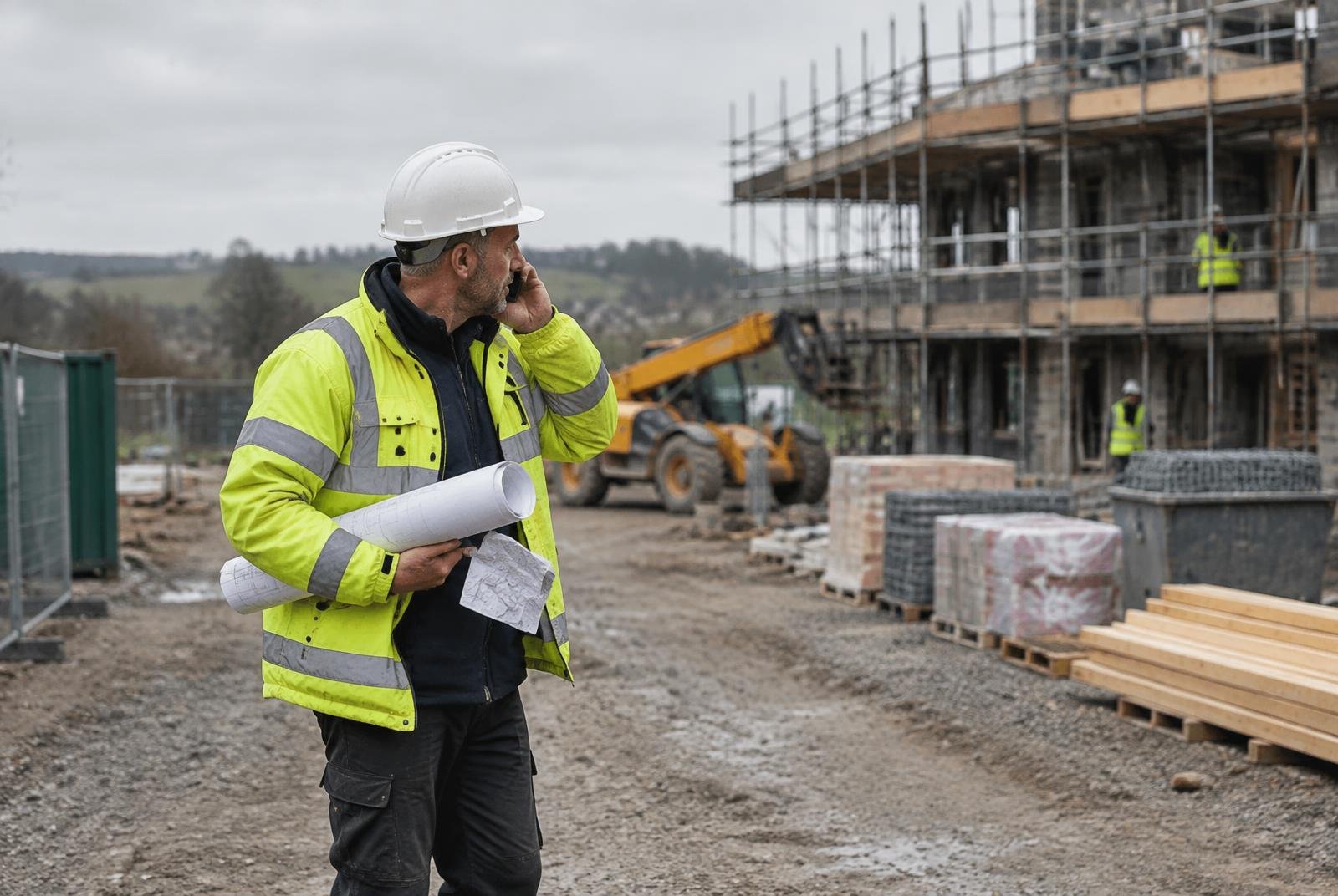 Site manager in high visibility clothing taking a call while carrying drawings and a delivery note on an active building site.